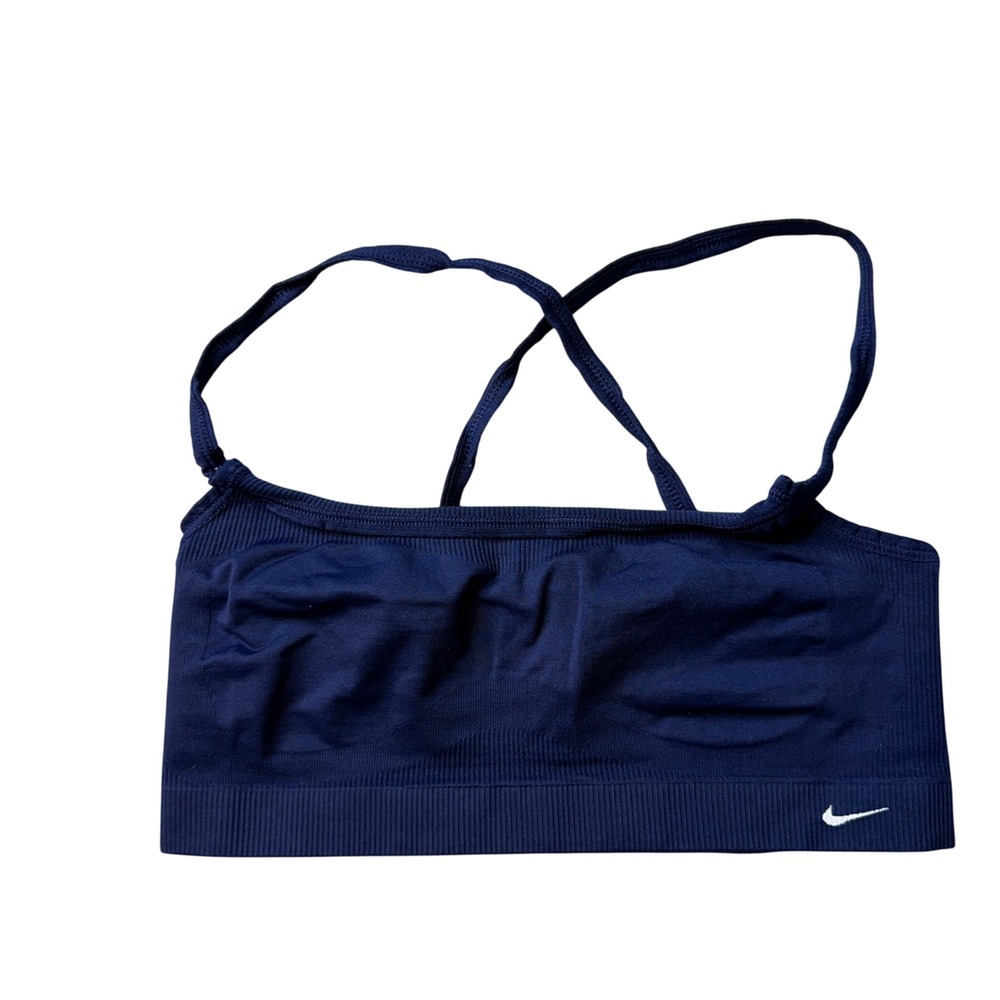 Nike Sports Bra Womens XS Navy Blue Ribbed Seamless Indy Crisscross‎ Straps Logo